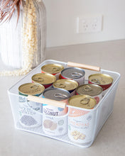 Load image into Gallery viewer, Square mesh basket with wooden handles for storing items such as potatoes, onions, fruit, cans, chips, snacks, kids toys, stationary and more