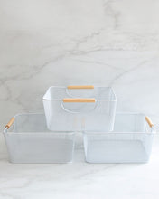 Load image into Gallery viewer, Square mesh basket with wooden handles for storing items such as potatoes, onions, fruit, cans, chips, snacks, kids toys, stationary and more