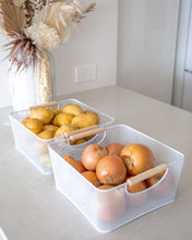 Load image into Gallery viewer, Square mesh basket with wooden handles for storing items such as potatoes, onions, fruit, cans, chips, snacks, kids toys, stationary and more