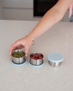 Stainless steel container with leakproof silicone lid for food storage. Perfect for storing nuts, seeds & dressings 