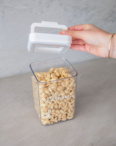 Pantry storage container with airtight lid for storing nuts, tea and baking ingredients