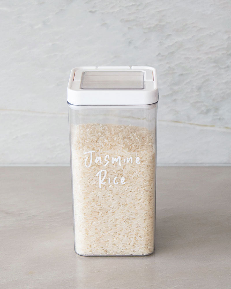 Pantry storage container with airtight lid for storing rice, oats and muesli