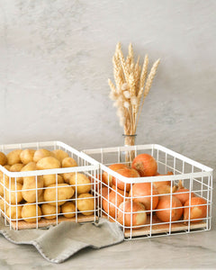 White wire baskets used to store potatoes and onions 