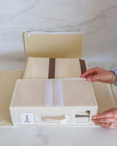 Bed sheet organiser box made from Oxford cloth. Used to differentiate between different sheet sizes