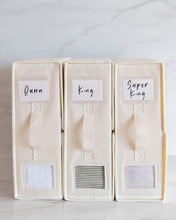 Load image into Gallery viewer, Bed sheet organisers made from Oxford cloth. Used to differentiate between different sheet sizes. Features a handle and transparent square so you can see what sheets are inside