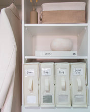 Load image into Gallery viewer, Wardrobe with bed sheet organisers labeled for different bed sizes, decorative items on shelves