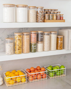 Pantry set with glass jars, baskets and spice rack. Featuring bamboo lids with silicone seal for freshness. Baskets to store fruit, potatoes and onions