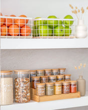 Load image into Gallery viewer, Pantry set with glass jars, baskets and spice rack. Featuring bamboo lids with silicone seal for freshness. Baskets to store fruit, potatoes and onions