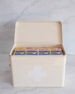 First aid container with a removable top shallow compartment, as well as several compartments within the container used to store all first aid items