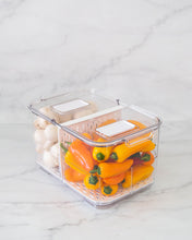 Load image into Gallery viewer, Large fridge container that is clear, strong and durable. Features removable dividers for drainage. Can be stacked. Keeps refrigerated food fresher for longer.