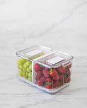 Load image into Gallery viewer, Medium fridge container that is clear, strong and durable. Features removable dividers for drainage. Can be stacked. Keeps refrigerated food fresher for longer.