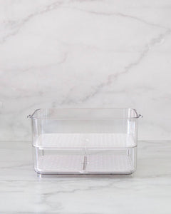 Medium fridge container that is clear, strong and durable. Features removable dividers for drainage. Can be stacked. Keeps refrigerated food fresher for longer.