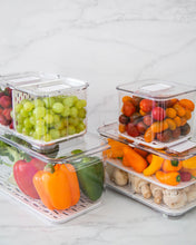 Load image into Gallery viewer, Fridge container set includes four fridge containers that are clear, strong and durable. Features removable dividers for drainage. Can be stacked. Keeps refrigerated food fresher for longer.