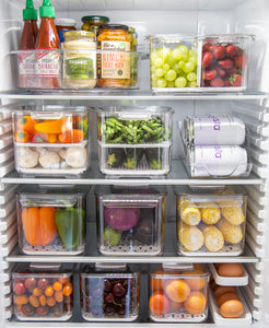 Fridge container set includes four fridge containers that are clear, strong and durable. Features removable dividers for drainage. Can be stacked. Keeps refrigerated food fresher for longer.