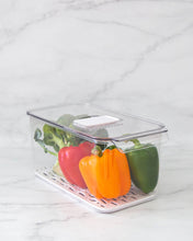 Load image into Gallery viewer, Fridge container that is clear, strong and durable. Features removable dividers for drainage. Can be stacked. Keeps refrigerated food fresher for longer.