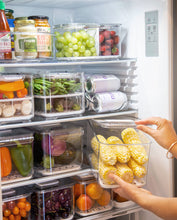 Load image into Gallery viewer, Fridge container that is clear, strong and durable. Features removable dividers for drainage. Can be stacked. Keeps refrigerated food fresher for longer.