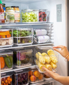 Fridge container that is clear, strong and durable. Features removable dividers for drainage. Can be stacked. Keeps refrigerated food fresher for longer.