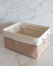 Load image into Gallery viewer, Beige and white storage basket made from linen with a cotton rope handle 