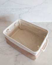 Load image into Gallery viewer, Beige and white storage basket made from linen with a cotton rope handle 