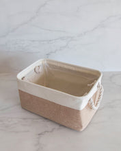 Load image into Gallery viewer, Beige and white storage basket made from linen with a cotton rope handle 
