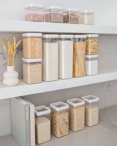 Pantry storage container set with airtight lids for storing common household ingredients