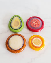 Load image into Gallery viewer, Reusable silicone food saver pods for lemon, avocado, tomato and onion, dishwasher safe containers that help extend freshness and reduce waste