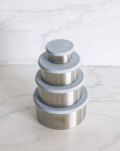 Load image into Gallery viewer, Stainless steel container set with leakproof silicone lid for food storage. Set of 4 containers ranging from small to large. Perfect for storing nuts, seeds, fruit, snacks &amp; leftovers