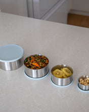 Load image into Gallery viewer, Stainless steel container set with leakproof silicone lid for food storage. Set of 4 containers ranging from small to large. Perfect for storing nuts, seeds, fruit, snacks &amp; leftovers