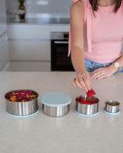 Load image into Gallery viewer, Stainless steel container set with leakproof silicone lid for food storage. Set of 4 containers ranging from small to large. Perfect for storing nuts, seeds, fruit, snacks &amp; leftovers