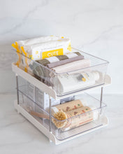 Load image into Gallery viewer, Under sink drawer organiser with compartments and sliding drawers to store under sink items such as dishwasher tablets, dishwashing liquid, rubbish bags, wipes, and cleaning products