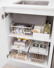 Load image into Gallery viewer, Under sink drawer organiser with compartments and sliding drawers to store under sink items such as dishwasher tablets, dishwashing liquid, rubbish bags, wipes, and cleaning products