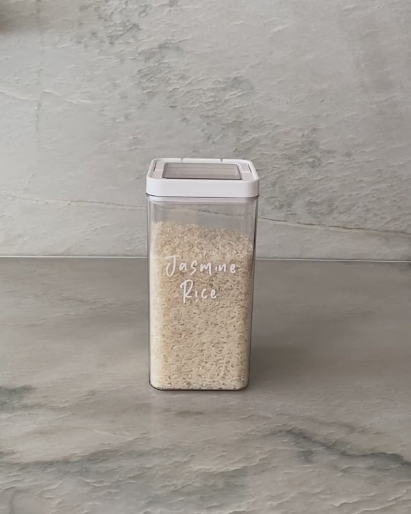 Pantry storage container with airtight lid for storing rice, oats and muesli
