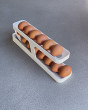 Load image into Gallery viewer, White egg tray storage dispenser keeps eggs contained, organised, and dispenses eggs easily