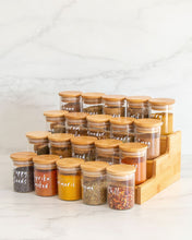 Load image into Gallery viewer, Bamboo spice rack with three tiers used to display spice jars or keep canned goods contained and organised