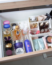 Load image into Gallery viewer, Bathroom container set designed to fit in bathroom drawers and store toiletries such as skincare, makeup, haircare and perfumes