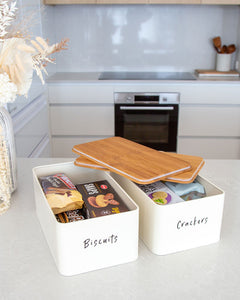 Biscuits, crackers, and bread vinyl labels in black or white, that peel back and stick onto storage containers
