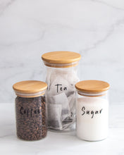 Load image into Gallery viewer, Coffee, tea, and sugar vinyl labels in black or white, that peel back and stick onto kitchen jars