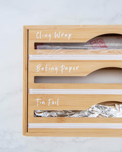 Cling wrap, baking paper, and tin foil vinyl labels in black or white, that peel back and stick onto storage containers