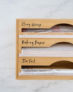 Cling wrap, baking paper, and tin foil vinyl labels in black or white, that peel back and stick onto storage containers