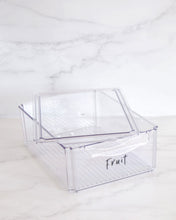 Load image into Gallery viewer, Set of clear, stackable, fridge containers with a small handle and lid, used to store dairy, drinks and vegetables in the fridge