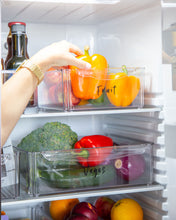 Load image into Gallery viewer, Fridge container that is medium, clear and stackable, used to store dairy, meat and vegetables in the fridge