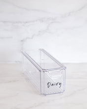 Load image into Gallery viewer, Fridge container that is rectangle, clear and stackable, used to store dairy, drinks and vegetables in the fridge