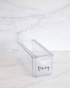 Fridge container that is rectangle, clear and stackable, used to store dairy, drinks and vegetables in the fridge