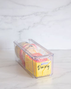 Fridge container that is rectangle, clear and stackable, used to store dairy, drinks and vegetables in the fridge
