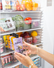 Load image into Gallery viewer, Fridge container that is rectangle, clear and stackable, used to store dairy, drinks and vegetables in the fridge