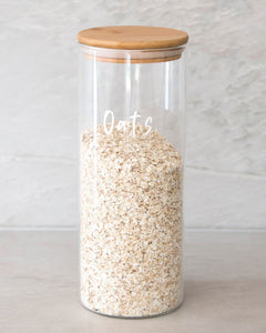 Glass jar with a bamboo lid and silicone seal for storing oats, muesli and rice