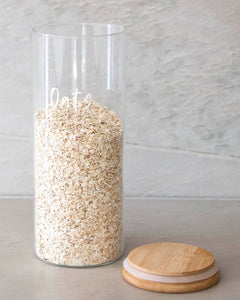 Glass jar with a bamboo lid and silicone seal for storing oats, muesli and rice