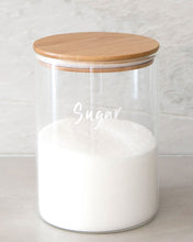 Load image into Gallery viewer, Glass jar with a bamboo lid and silicone seal for storing flour and sugar