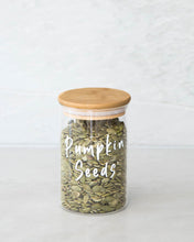 Load image into Gallery viewer, Glass jars with bamboo lid and silicone seal used to store essential household pantry ingredients such as flour, sugar and spaghetti