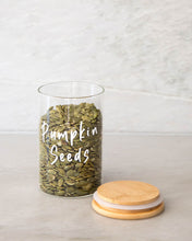 Load image into Gallery viewer, Glass jar with a bamboo lid and silicone seal for storing nuts, seeds, coffee and more